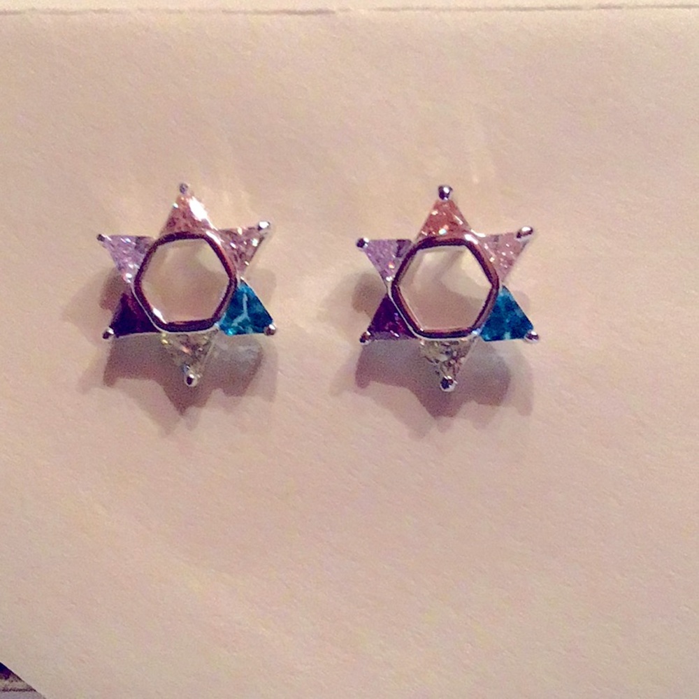 New Multi Colored CZ Star of David Earrings. Sterling silver, e coated.